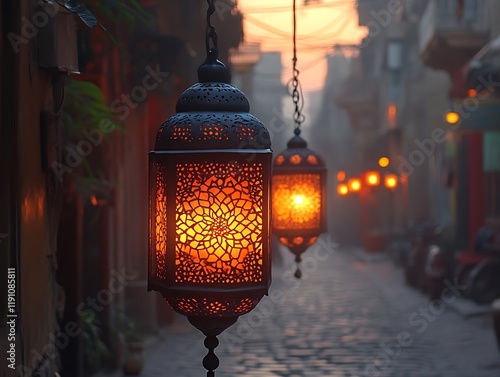 Illuminated lanterns hanging on a cobblestone street at dusk. photo