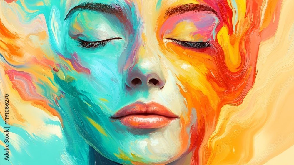 Vibrant abstract portrait of a serene woman with closed eyes, blending vivid hues of blue, orange, and yellow. Vibrant abstract portrait of a serene woman with closed eyes, blending vivid hues of blue, orange, and yellow.