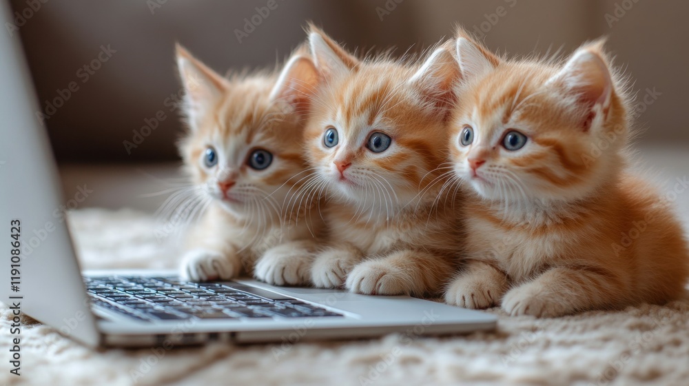 Three Cute Ginger Kittens Watching Laptop Screen Curiously Three Cute Ginger Kittens Watching Laptop Screen Curiously