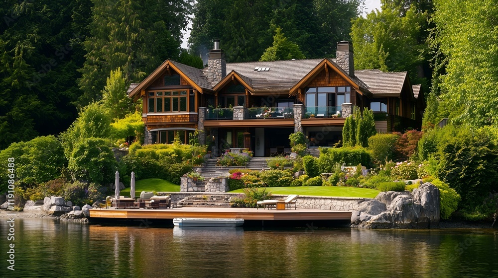Obraz premium Luxury lakefront home surrounded by lush greenery, featuring wooden and stone architecture with a private dock.