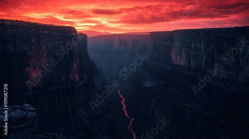 Eerie skull like valley surrounded by jagged dark cliffs under a blood red apocalyptic sky  This otherworldly digital evokes a sense of mystery desolation and the sublime power of nature photo