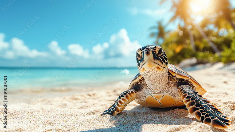 Obraz premium Cute sea turtle crawling along the shore against the background of the ocean and palm trees. Tropical island vacation concept.