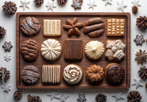 Variety of Festive Cookies Arranged on a Wooden Tray Surrounded by Pine Cones and Decorative Stars for a Cozy Holiday Atmosphere