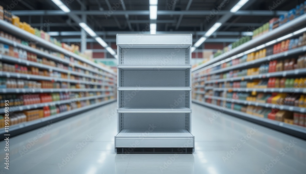 Empty refrigerated display case in supermarket aisle, retail, grocery store, product placement, mockup. Empty refrigerated display case in supermarket aisle, retail, grocery store, product placement, mockup.
