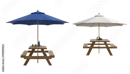 Wooden picnic table with green umbrella on a Transparent Background, 