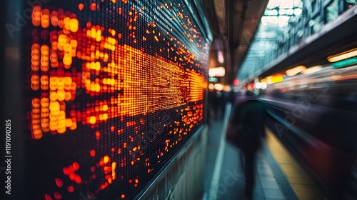 Futuristic digital display wall filled with data and information matrices with blurred commuters in motion in the foreground showcasing a glimpse of the modern