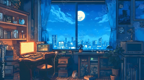 A pixel art illustration of a cozy room filled with retro computing equipment and neon lighting, with a moonlit cityscape outside the window photo