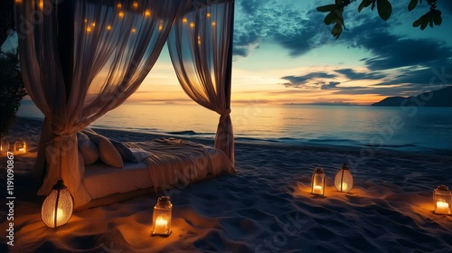 Romantic beach setup with canopy bed, glowing lanterns, and a serene sunset over the ocean horizon. photo