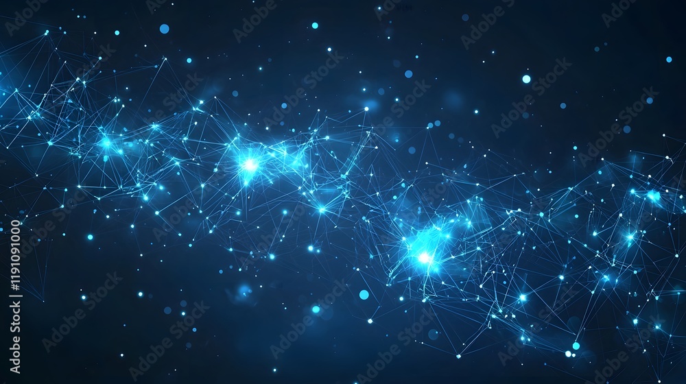 Fototapeta premium Stylized network background with intricate geometric shapes in shades of blue depicting data hubs and the flow of digital information The image has a futuristic cyberpunk aesthetic