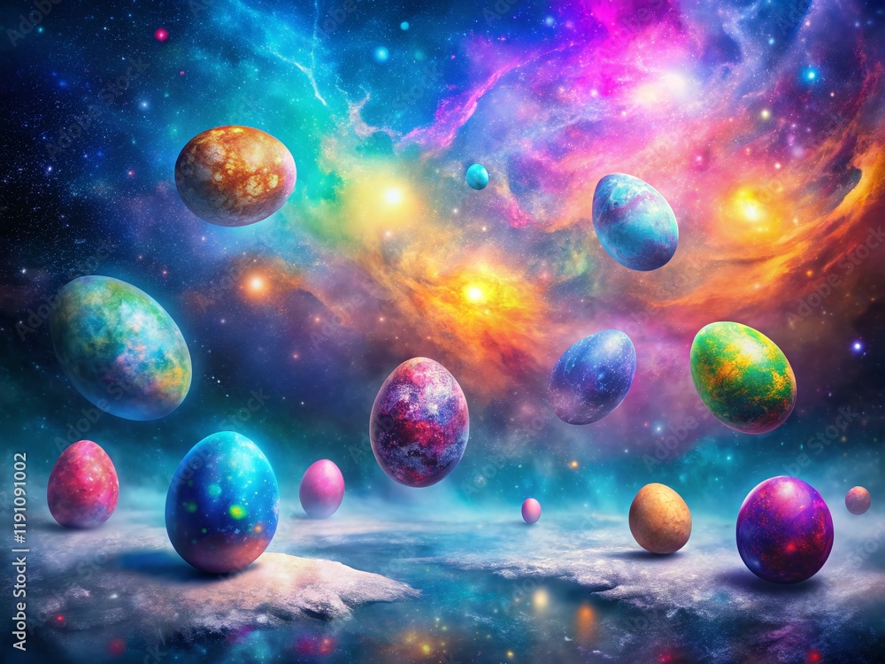 Surreal Easter Space Background: Celestial Eggs & Galaxy, Customizable Text Space Surreal Easter Space Background: Celestial Eggs & Galaxy, Customizable Text Space