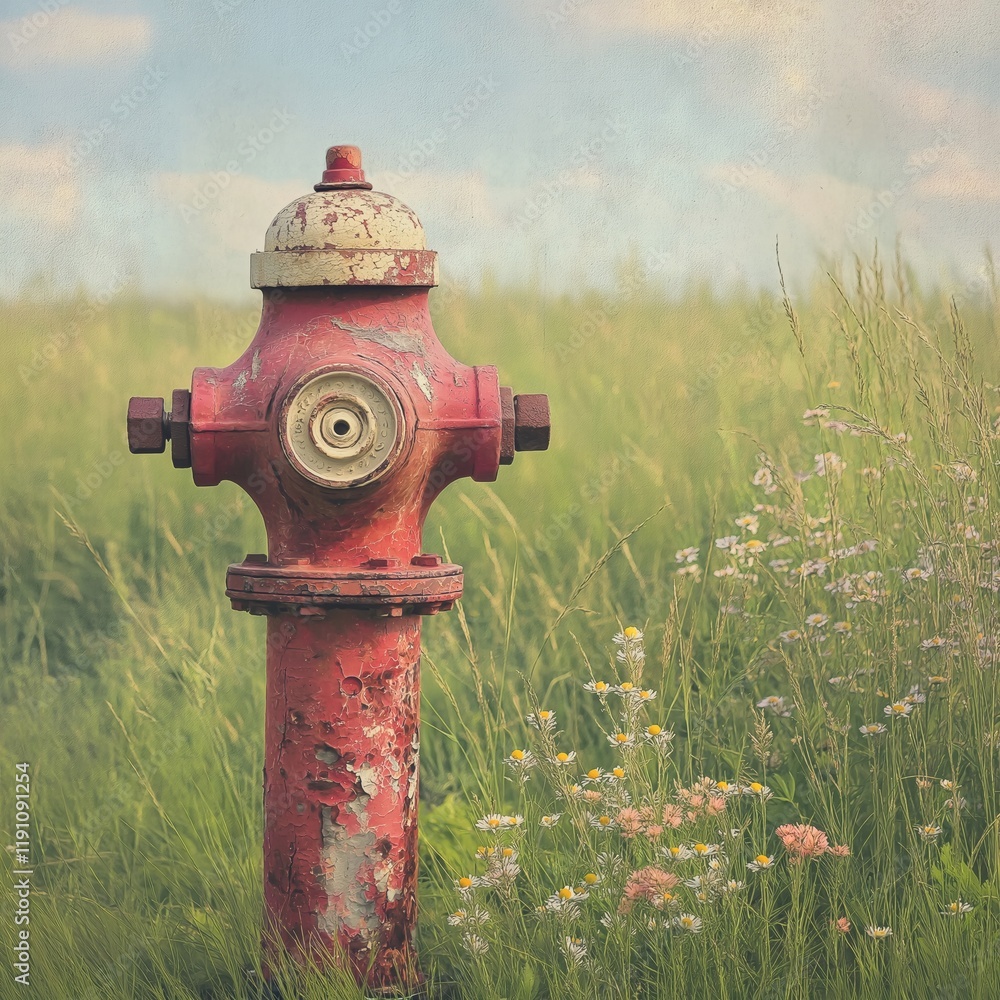 Old, weathered fire hydrant with peeling paint and rust, standing amidst vibrant wildflowers in a grassy field, highlighting the contrast between man-made and natural elements
