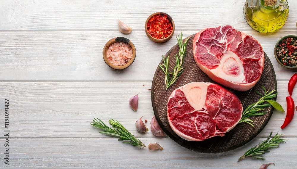 meat with spices. Raw beef steak osso bucco with spices on white wooden table. Marble meat. Top view copy space. meat with spices. Raw beef steak osso bucco with spices on white wooden table. Marble meat. Top view copy space.