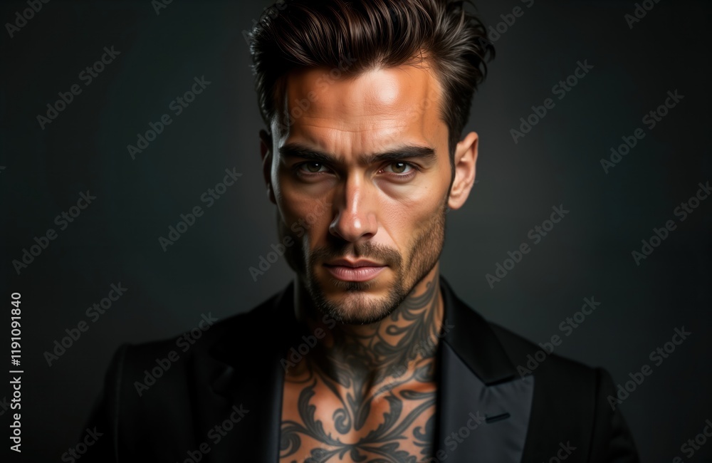 Attractive tanned man with tattoo on neck wearing luxurious black suit stares intently at camera. Italian mafia billionaire character portrait. Sensual, piercing gaze. Stylish, confident. Attractive tanned man with tattoo on neck wearing luxurious black suit stares intently at camera. Italian mafia billionaire character portrait. Sensual, piercing gaze. Stylish, confident.