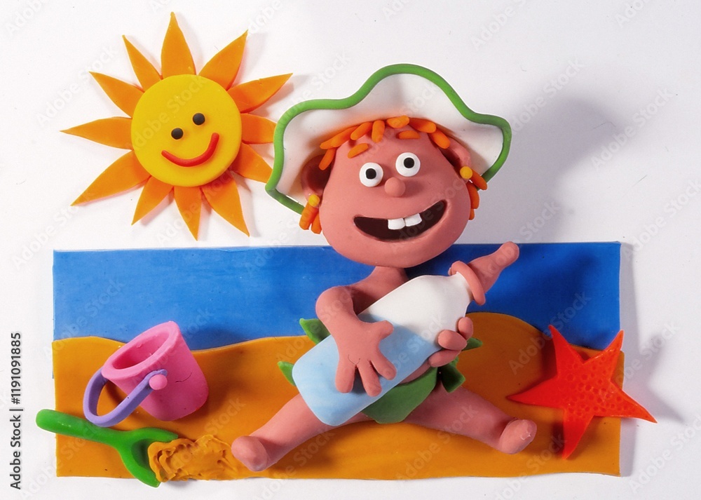 Naklejka premium Bebé en la playa. Plastilina.