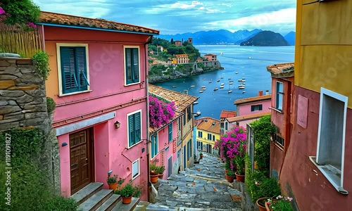 Camera flying above the Amalfi coast look-like landscape, Italian town on the sea, terraced houses decorated with flowers. 4K