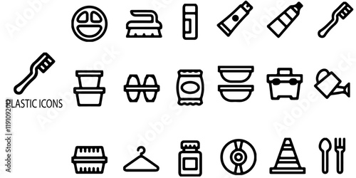 Plastic simple concept 28 icons set. Contains such Disposable tableware, water bottle, blister pack, container, canister, garbage bag, bubble .Vector illustration.