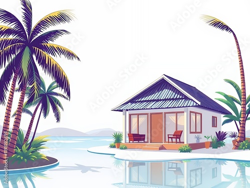 an image of a small house on a small island with palm trees. photo