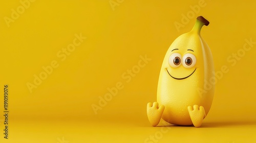 Extreme close-up of a cartoon character of a smiling banana fruit with feet and hands, looking at camera, isolated on a yellow background with copy space, blank wide banner. photo