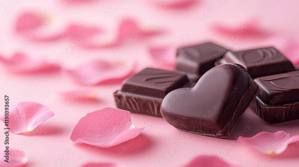 A pastel pink background with a heart-shaped box of chocolates surrounded by rose petals. A pastel pink background with a heart-shaped box of chocolates surrounded by rose petals.