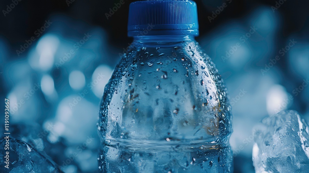 Extreme close-up of a cold plastic bottle of water on ice cubes, transparent plastic bottle with condensation droplets and blue cap. Extreme close-up of a cold plastic bottle of water on ice cubes, transparent plastic bottle with condensation droplets and blue cap.