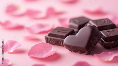 A pastel pink background with a heart-shaped box of chocolates surrounded by rose petals. photo