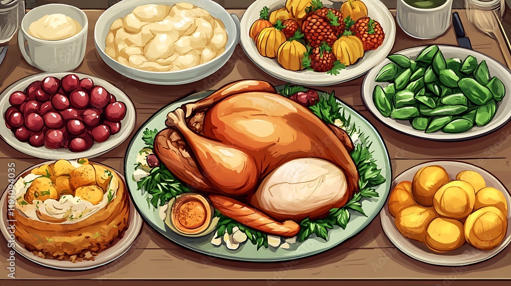Thanksgiving dining table with roast turkey and an array of side dishes Thanksgiving dining table with roast turkey and an array of side dishes