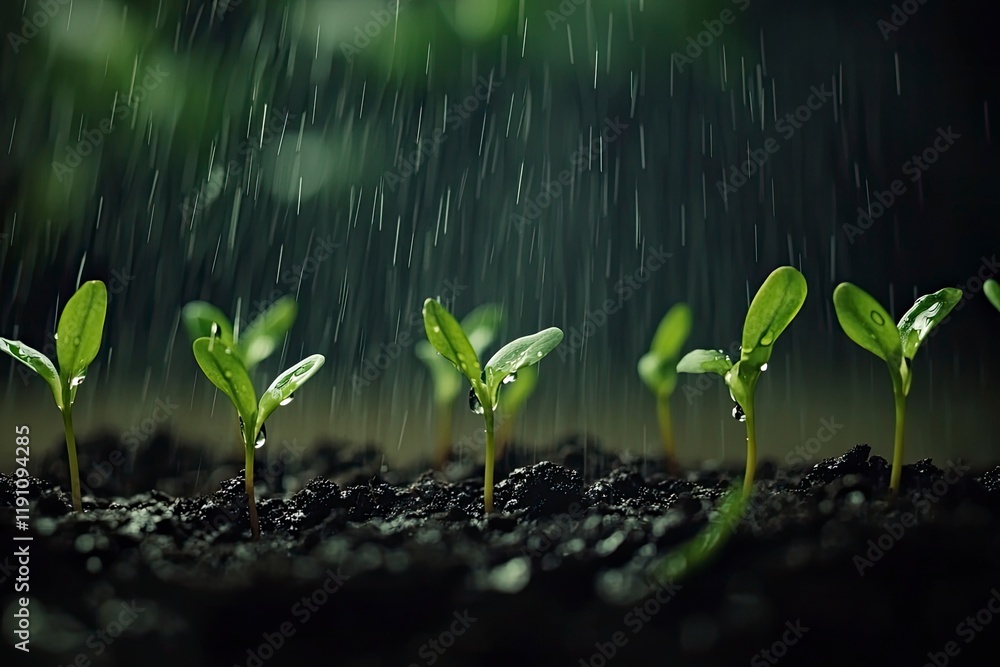 Fototapeta premium Watering fresh green plant sprout seedlings on soil and precious life and earth environment and life world water day concept