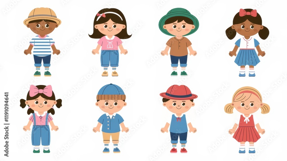 Eight Adorable Children Wearing Various Outfits Eight Adorable Children Wearing Various Outfits