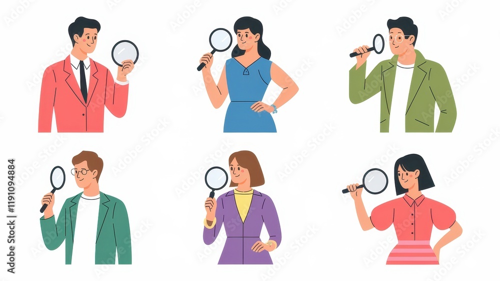 Diverse People Using Magnifying Glasses For Investigation Diverse People Using Magnifying Glasses For Investigation
