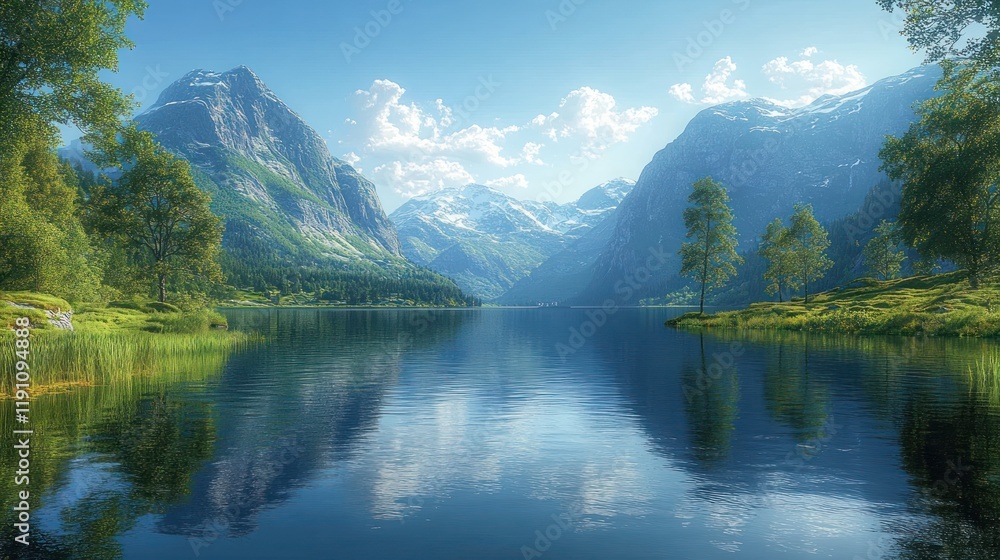 Serene mountain lake reflecting majestic peaks under a bright summer sky. Serene mountain lake reflecting majestic peaks under a bright summer sky.