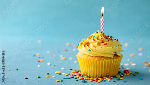 yellow birthday cupcake with burning candle and blue background, baked muffin with colorful decoration flame of sweet anniversary or birthday tasty cake in party