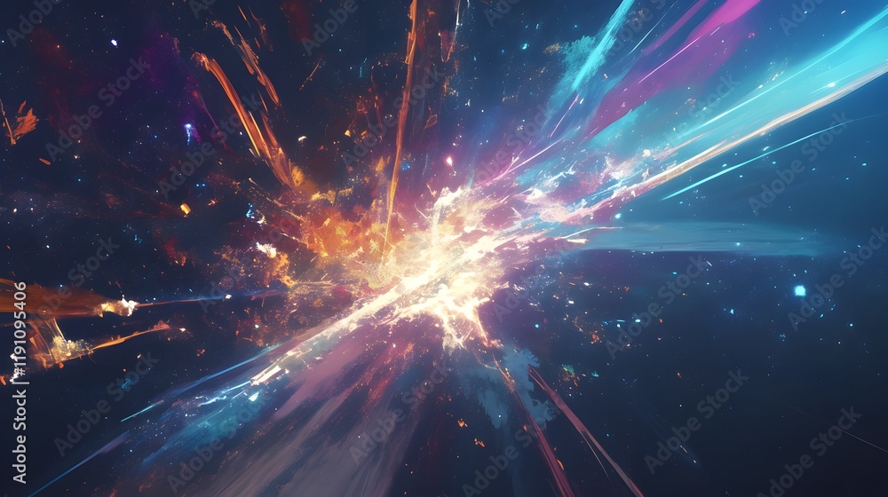 Fototapeta premium A powerful explosion in space, with swirling light streaks and multicolored particles spreading across the galaxy.