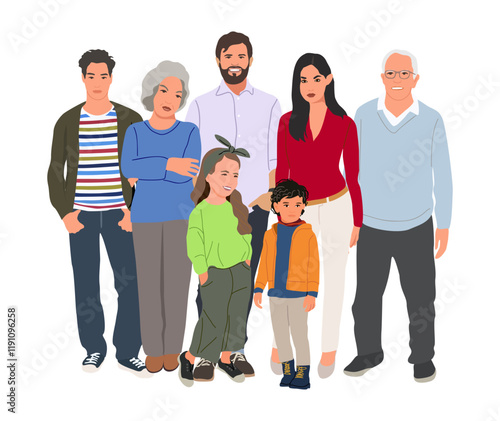 Big happy family vector realistic illustration isolated on white background. Children, mother, father, grandfather and grandmother. Parents, grandparents, grandchildren, brother standing together. 