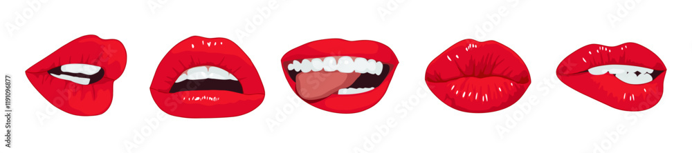 Red Lips collection. Vector realistic illustration of sexy woman's lips expressing different emotions, smile, kiss, half-open mouth, biting lip, tongue out. Stickers Isolated Red Lips collection. Vector realistic illustration of sexy woman's lips expressing different emotions, smile, kiss, half-open mouth, biting lip, tongue out. Stickers Isolated