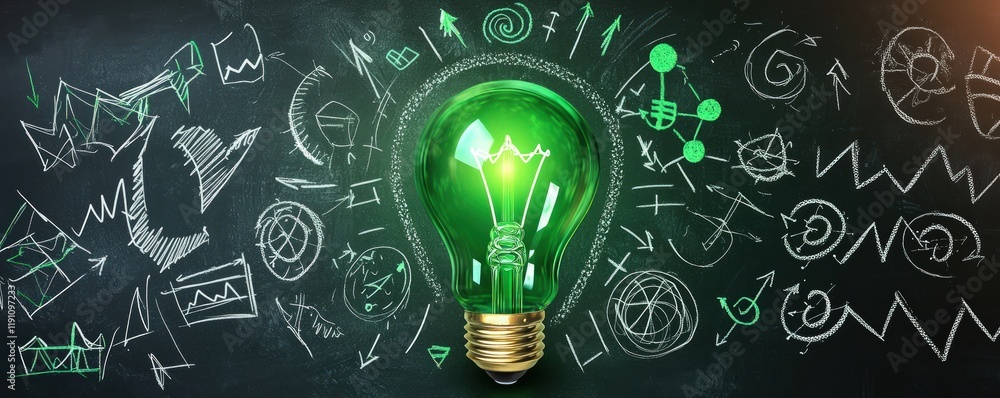 A green glowing light bulb surrounded by transparent innovation symbols