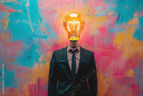 Lightbulb Head Man in Suit on Vibrant Abstract Background, Symbolizing Creativity, Inspiration, and Breakthrough Ideas
