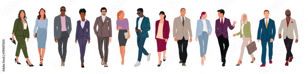 Business people walking. Vector illustration of diverse cartoon men and women of various ethnicities, ages and body type in office outfits. Big Set of different business characters. Isolated on white. Business people walking. Vector illustration of diverse cartoon men and women of various ethnicities, ages and body type in office outfits. Big Set of different business characters. Isolated on white.