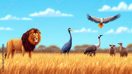 discover captivating african savanna wildlife illustration with majestic lion, vibrant crane, graceful ostrich, fierce eagle and charming hyrax thriving in realistic digital art scene
