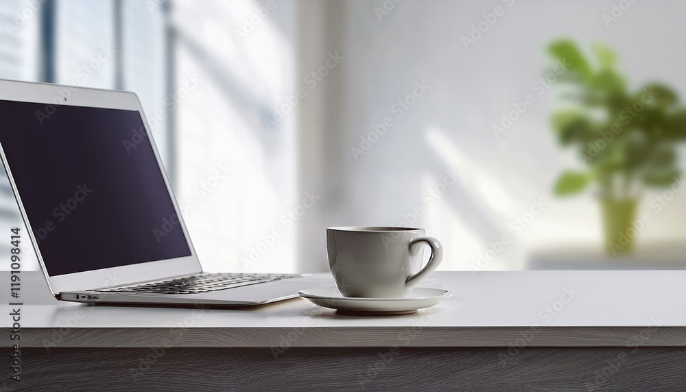 Office place with laptop and coffee cup on light background with copyspace. Coffee break. computer in the office Office place with laptop and coffee cup on light background with copyspace. Coffee break. computer in the office