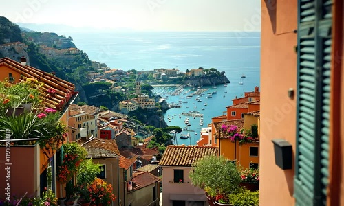 Camera flying above the Amalfi coast look-like landscape, Italian town on the sea, terraced houses decorated with flowers. 4K