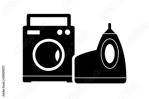 Silhouette Icon of Laundry and Iron Machine on a Clean White Background