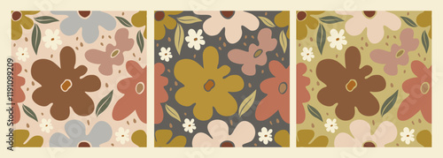Retro groovy flower power pattern on different backgrounds. Vintage 70s floral backdrop. Hippie Design for wallpaper, wrapping paper, surface, fabric, stationery. Vector illustration seamless pattern