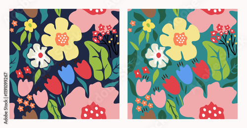 Retro groovy flower power pattern on different backgrounds. Vintage 70s floral backdrop. Hippie Design for wallpaper, wrapping paper, surface, fabric, stationery. Vector illustration seamless pattern