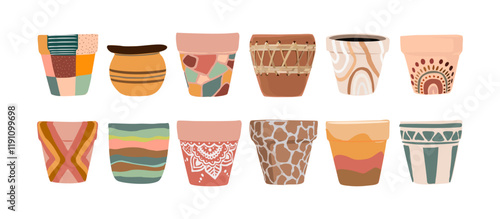 Set of ceramic flower pots with different stylish decoration. Hand made Clay Pots for Growing Plants. Collection of empty flowerpots for your design. Vector illustrations isolated on white background