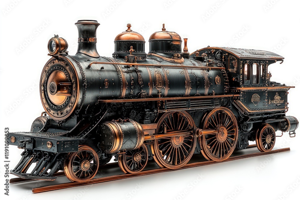 Ornate antique locomotive, copper and black. Ornate antique locomotive, copper and black.