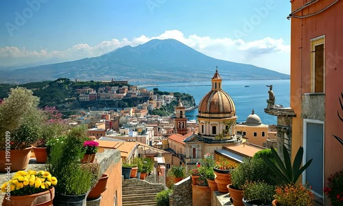 Camera flying abate the Italian old town as Naples, Vesuvius volcano at the background 