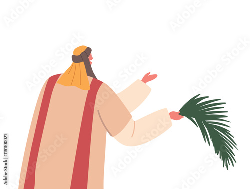 Ancient Israelite Man Character Holding Palm Leaf, Symbol Of Peace And Victory, Celebrate Jesus Entry into Jerusalem