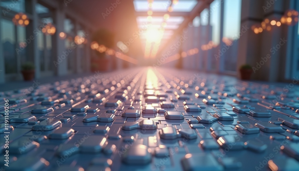 Fototapeta premium Futuristic abstract hallway with blue tiles at sunrise, ideal for tech-themed presentations