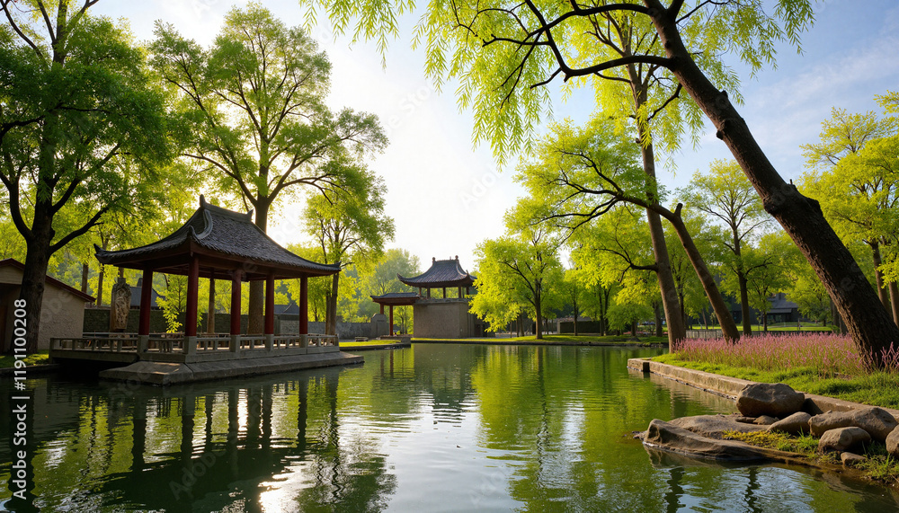 Tranquil landscape with temple and willow trees by a pond, nature's beauty Tranquil landscape with temple and willow trees by a pond, nature's beauty
