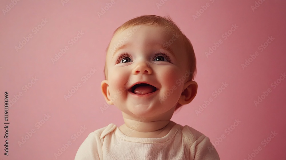 Adorable baby smiling and looking up on pink background Adorable baby smiling and looking up on pink background